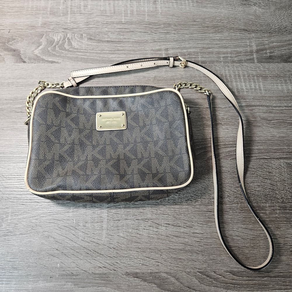 Michael Kors Jet Set Large East West Crossbody Bag Brown MK Logo Gold Hardware